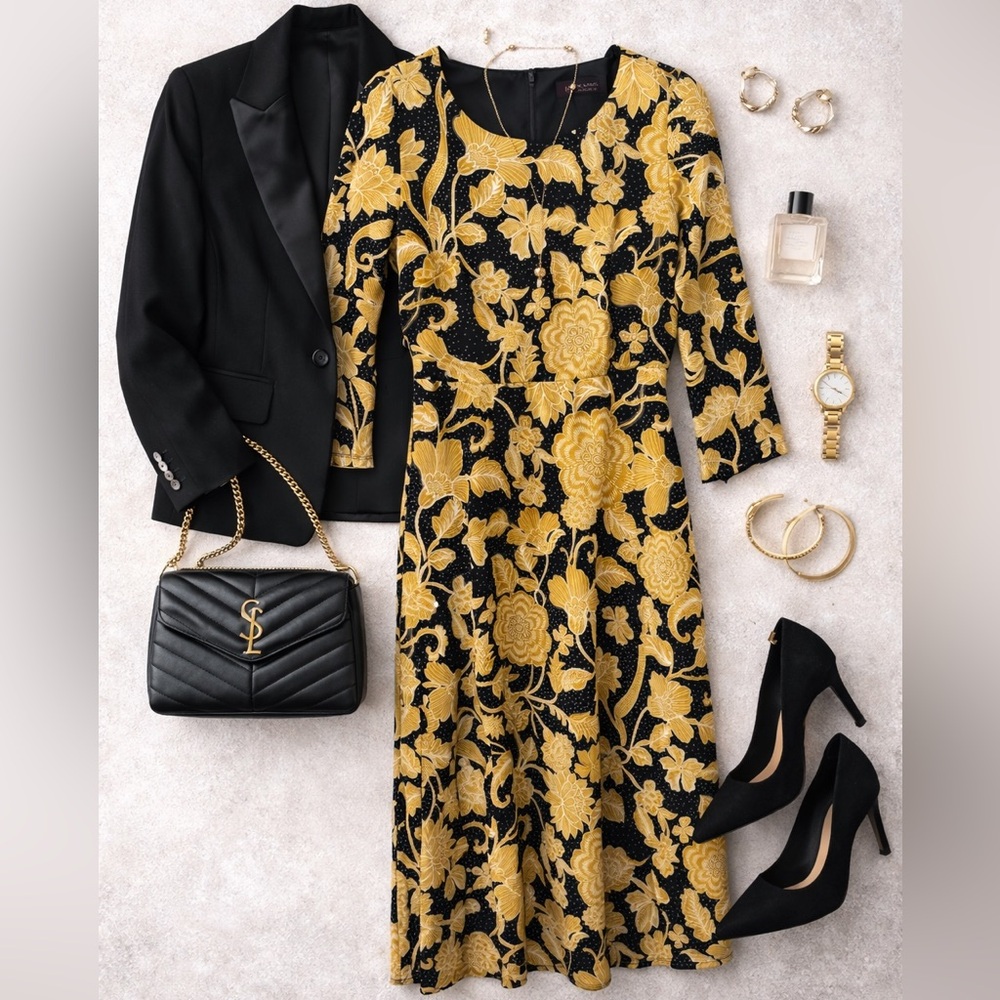 Evan Picone Elegant Black and Gold midi dress size 6 see video 👗